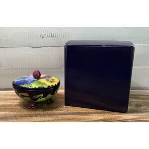 New NIB 2004 J. McCall Lidded Trinket Candy Dish Blue Skys Pansy & Rose Flowers